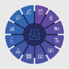 business, money, education Infographic Circle outline Icons Set. Contains such Icons as  job,  banking,  symbol,  chart,  cash,  training,  pay,  market,  usd and more. Fully Editable. Pixel Perfect..