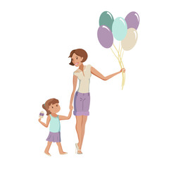 Mother and daughter walking at the park vector