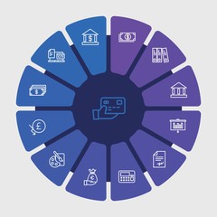 business, money, education Infographic Circle outline Icons Set. Contains such Icons as  folder,  investor,  artist,  business, art,  deal,  graph,  signature and more. Fully Editable. Pixel Perfect..