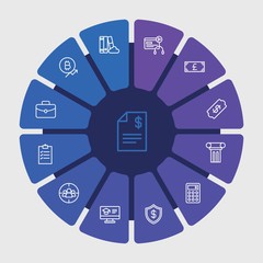 business, money, education Infographic Circle outline Icons Set. Contains such Icons as  internet, distant,  finance, calculator,  bank,  design,  bill,  old and more. Fully Editable. Pixel Perfect..