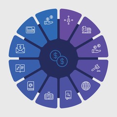 business, money, education Infographic Circle outline Icons Set. Contains such Icons as  professional,  idea,  justice,  school, music,  hammer,  paper,  pay and more. Fully Editable. Pixel Perfect..