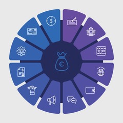 business, money, education Infographic Circle outline Icons Set. Contains such Icons as  bank,  business,  currency,  banking,  leather,  accounting, check and more. Fully Editable. Pixel Perfect..