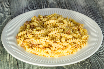Traditional Italian pasta or fussili with mince