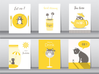 Set of cute animals poster,template,cards,cats,food,sweets, cartoons,Vector illustrations 