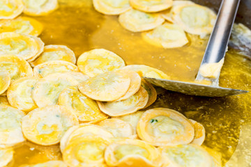 Close-up of potato dumplings or pelmeni