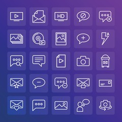 Modern Simple Set of chat and messenger, video, photos, email Vector outline Icons. ..Contains such Icons as message,  close,  rotate and more on gradient background. Fully Editable. Pixel Perfect.