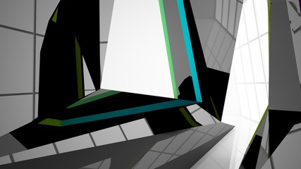 Abstract white and colored gradient  interior multilevel public space with window. 3D illustration and rendering.