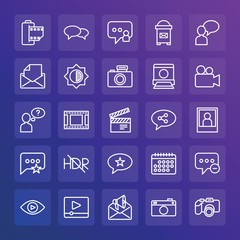 Modern Simple Set of chat and messenger, video, photos, email Vector outline Icons. ..Contains such Icons as player,  lens, delete, open and more on gradient background. Fully Editable. Pixel Perfect.