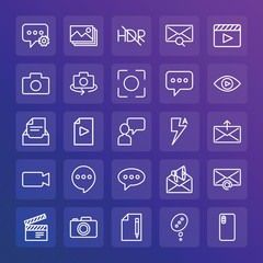 Modern Simple Set of chat and messenger, video, photos, email Vector outline Icons. ..Contains such Icons as  internet,  device, camera and more on gradient background. Fully Editable. Pixel Perfect.