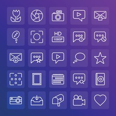 Modern Simple Set of chat and messenger, video, photos, email Vector outline Icons. ..Contains such Icons as  disc, message, heart, dvd and more on gradient background. Fully Editable. Pixel Perfect.