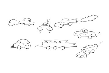 Different cars sketch on white background. Abstract drawing machines in a variety of shapes.  