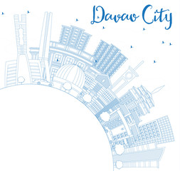 Outline Davao City Philippines Skyline with Blue Buildings and Copy Space.