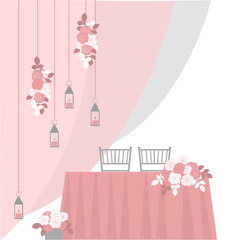 Wedding table decoration. Table for bride and groom. Vector illustration.