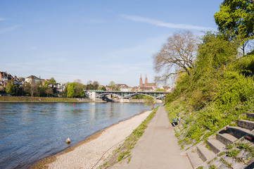 Basel, Stadt, Altstadt, Rhein, Fluss, Rheinufer, Kleinbasel, Basel-Stadt, Uferweg, Wettsteinbrücke, Münster, Grossbasel, Altstadthäuser, Frühling, Schweiz