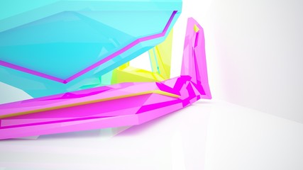 Abstract white and colored gradient  interior multilevel public space with window. 3D illustration and rendering.