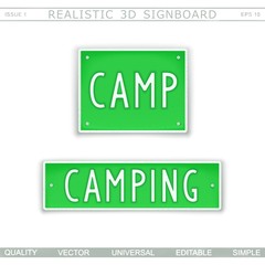 Camping. Signboard in style car license plate. Top view. Vector design elements