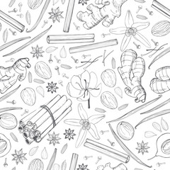 Fototapeta na wymiar Spices for dessert, and baking.Vector seamless pattern . Hand drawn sketch illustration