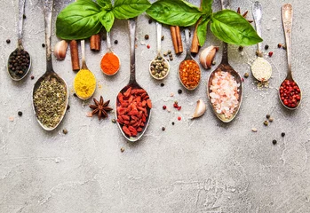 Keuken spatwand met foto Different kind of spices in vintage spoons © Olena Rudo