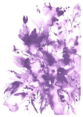 Fototapeta na wymiar Watercolor postcard with floral pattern, splash of abstract paint, fashionable art background, frame. Orchid flowers, tulip, cornflower, gladiolus. Purple, pink monochrome color.Silhouettes of flower