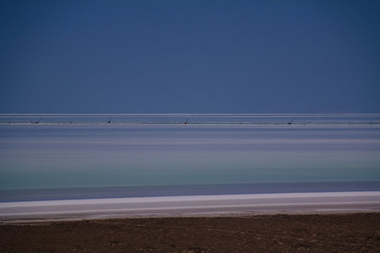 Panorama view to saline Barsa Kelmes lake and Ustyurt plateau at Karakalpakstan, Uzbekistan