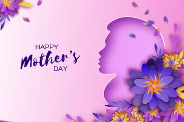 Silhouette of a mother in paper cut style. Happy Mothers Day celebration. Bright Origami Flowers. Spring blossom on pink. Space for Text.