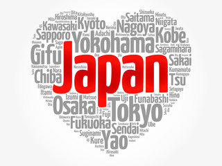 List of cities and towns in Japan composed in love sign heart shape, word cloud collage, business and travel concept background