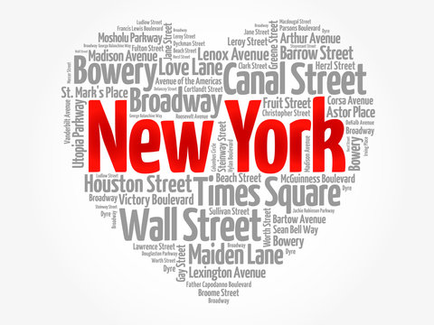 List of streets in New York City composed in love sign heart shape, word cloud collage, business and travel concept background