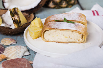 Pie, strudel, cake with cheese and exotic fruits