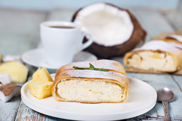 Pie, strudel, cake with cheese and exotic fruits