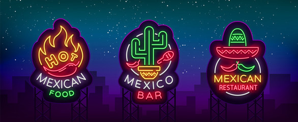 Mexican food is a collection of neon signs. Bright glow sign, neon banner, luminous logo, symbol, nightly advertisement of Mexican food. Design template for restaurant, bar, cafe. Vector illustration