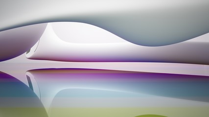 Abstract white and colored gradient glasses interior multilevel public space with window. 3D illustration and rendering.