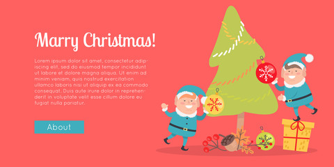 Merry Christmas Web Banner Two Elves in Blue Suits