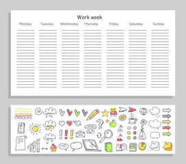 Work Week Daily Plan and Icons Vector Illustration
