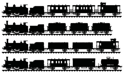 Four black silhouettes of vintage steam trains