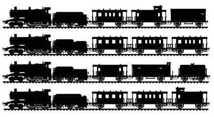 Four black silhouettes of vintage steam trains