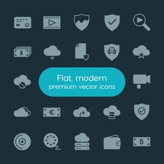 Modern Simple Set of money, cloud and networking, security, video Vector fill Icons. ..Contains such Icons as  music,  retro,  people, disc and more on dark background. Fully Editable. Pixel Perfect.