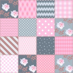 Seamless patchwork pattern from patches with floral and geometric ornament. Print for fabric, quilt, paper, wallpaper, wrapping design. - obrazy, fototapety, plakaty
