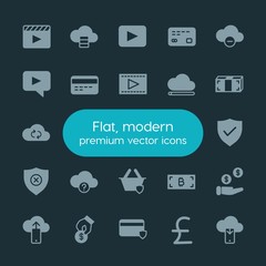 Modern Simple Set of money, cloud and networking, security, video Vector fill Icons. ..Contains such Icons as  entertainment,  phone,  cash and more on dark background. Fully Editable. Pixel Perfect.