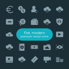 Modern Simple Set of money, cloud and networking, security, video Vector fill Icons. ..Contains such Icons as movie, data,  business, cinema and more on dark background. Fully Editable. Pixel Perfect.