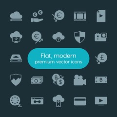 Modern Simple Set of money, cloud and networking, security, video Vector fill Icons. ..Contains such Icons as download, data, cloud, play and more on dark background. Fully Editable. Pixel Perfect.
