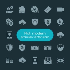 Modern Simple Set of money, cloud and networking, security, video Vector fill Icons. ..Contains such Icons as  vector, camera,  dollar,  eye and more on dark background. Fully Editable. Pixel Perfect.