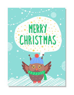Merry Christmas Greeting Card with Owl in Warm Hat