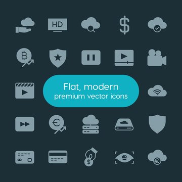 Modern Simple Set of money, cloud and networking, security, video Vector fill Icons. ..Contains such Icons as  business,  quality,  cash, hd and more on dark background. Fully Editable. Pixel Perfect.