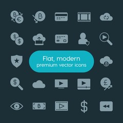 Modern Simple Set of money, cloud and networking, security, video Vector fill Icons. ..Contains such Icons as  market, business,  media and more on dark background. Fully Editable. Pixel Perfect.