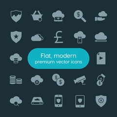 Modern Simple Set of money, cloud and networking, security, video Vector fill Icons. ..Contains such Icons as  download,  crime,  break and more on dark background. Fully Editable. Pixel Perfect.