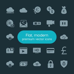 Modern Simple Set of money, cloud and networking, security, video Vector fill Icons. ..Contains such Icons as  blue,  white,  technology and more on dark background. Fully Editable. Pixel Perfect.