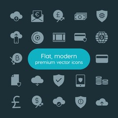 Modern Simple Set of money, cloud and networking, security, video Vector fill Icons. ..Contains such Icons as  security, disc,  credit,  web and more on dark background. Fully Editable. Pixel Perfect.