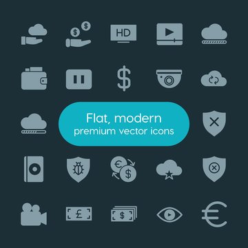 Modern Simple Set of money, cloud and networking, security, video Vector fill Icons. ..Contains such Icons as  cinema,  social,  insurance and more on dark background. Fully Editable. Pixel Perfect.