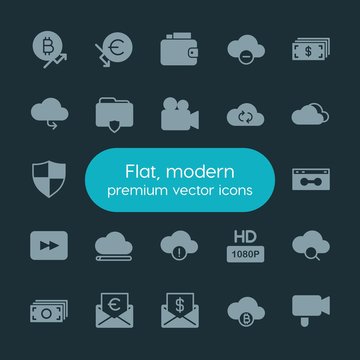 Modern Simple Set of money, cloud and networking, security, video Vector fill Icons. ..Contains such Icons as  video, euro,  growth,  camera and more on dark background. Fully Editable. Pixel Perfect.