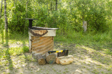 Campsite firepit with logs and an axe